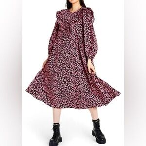 Sandy Liang Floral Ruffle Midi Dress Puff Sleeve Cottagecore Black Pink 1X